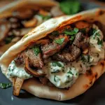 Cheesy Beef and Mushroom Pita Pockets with Tzatziki Sauce