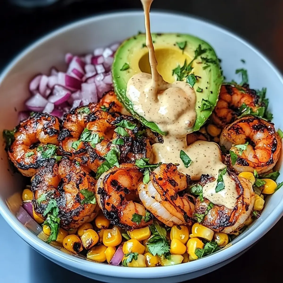 Grilled Shrimp Bowl with Avocado, Corn Salsa & Creamy Garlic Sauce