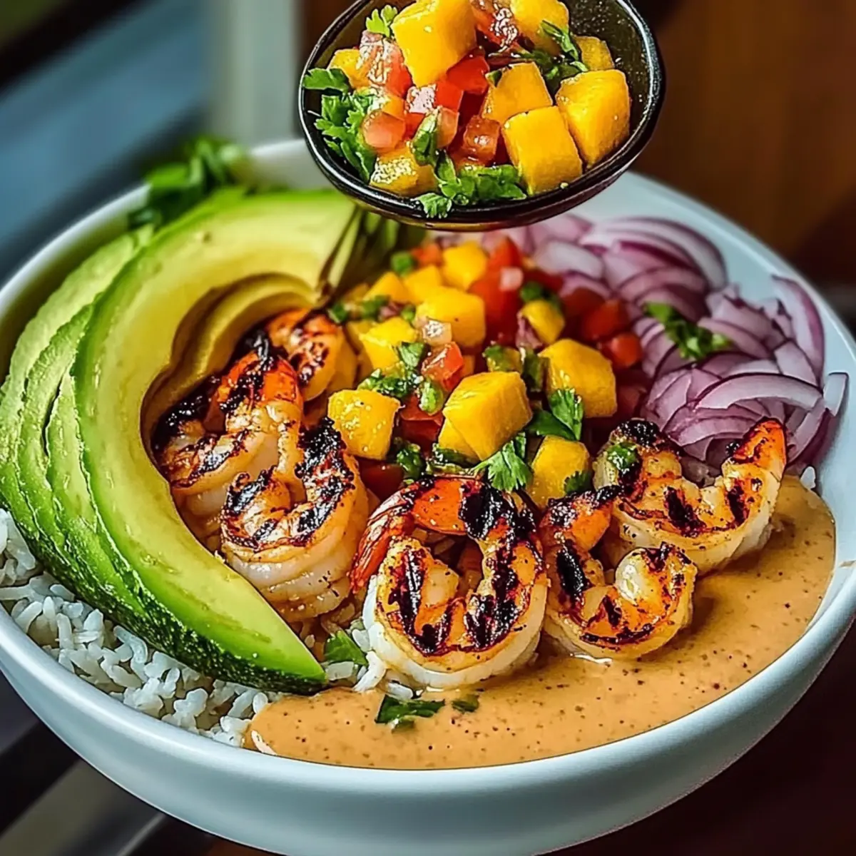 Shrimp and Avocado Bowls with Mango Salsa & Lime-Chili Sauce